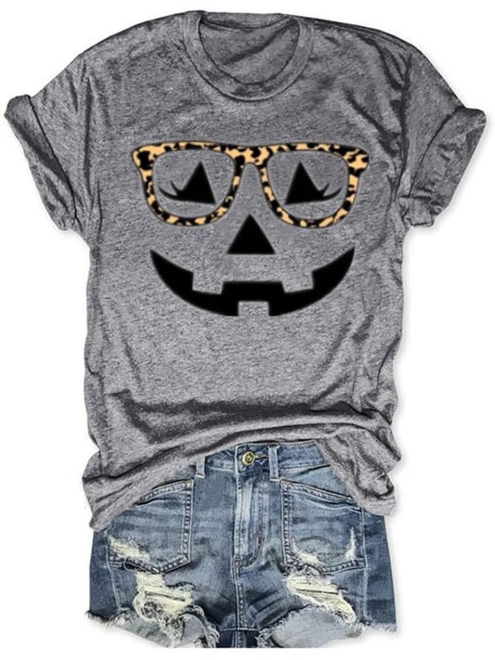 🆕 Women's Grey Leopard Glasses Pumpkin Halloween Graphic Tee Shirt